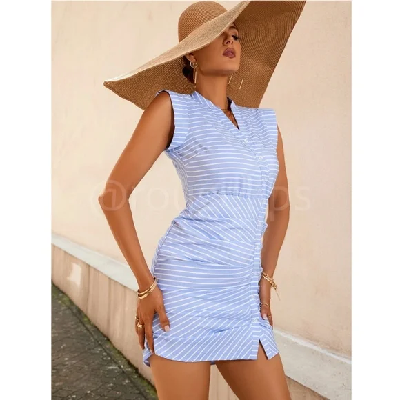 Blue White Striped Ruched Mini Dress Button Front V-Neck - Picture 6 of 7